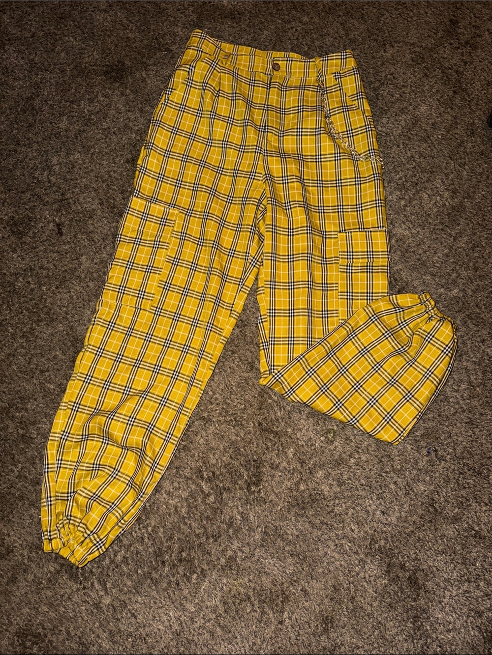 Yellow Plaid cargo Pants with pocket chain - ska/skater/emo/avantgarde